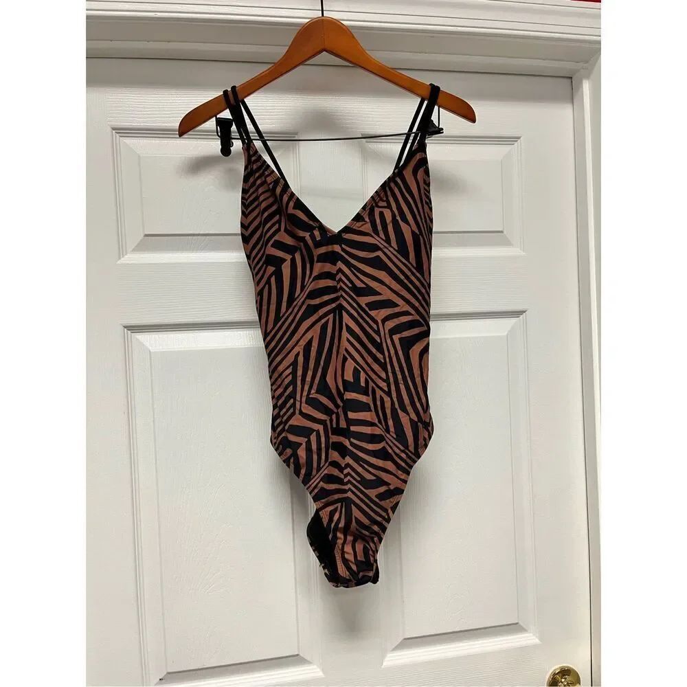 Hurley Brown & Black Abstract Print Double Cross Strap Low Back Swimsuit Sz XL N